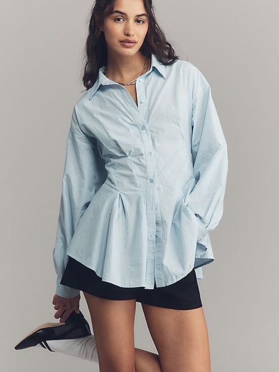 Anthropologie Tops - Anthropologie Maeve Long-Sleeve Waisted Buttondown Shirt - Blue Stripe - Size S